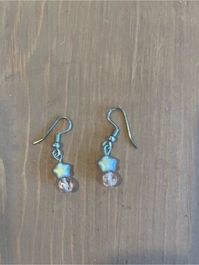 Glass pink star and crystal accent silver tone ear wire handmade girls ladies